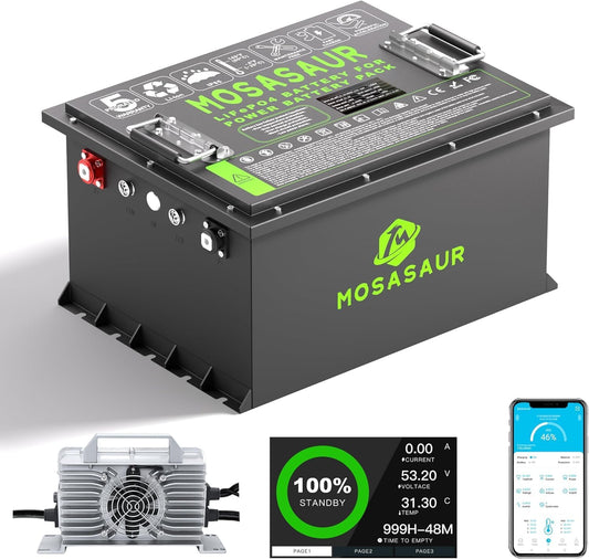 Mosasaur 36V 38.4V 105AH Bluetooth Lithium Golf Cart Battery, Built-in Smart 200A BMS with Touch Monitor and 20Amp Charger, MAX 7680W, 4000+ Cycles