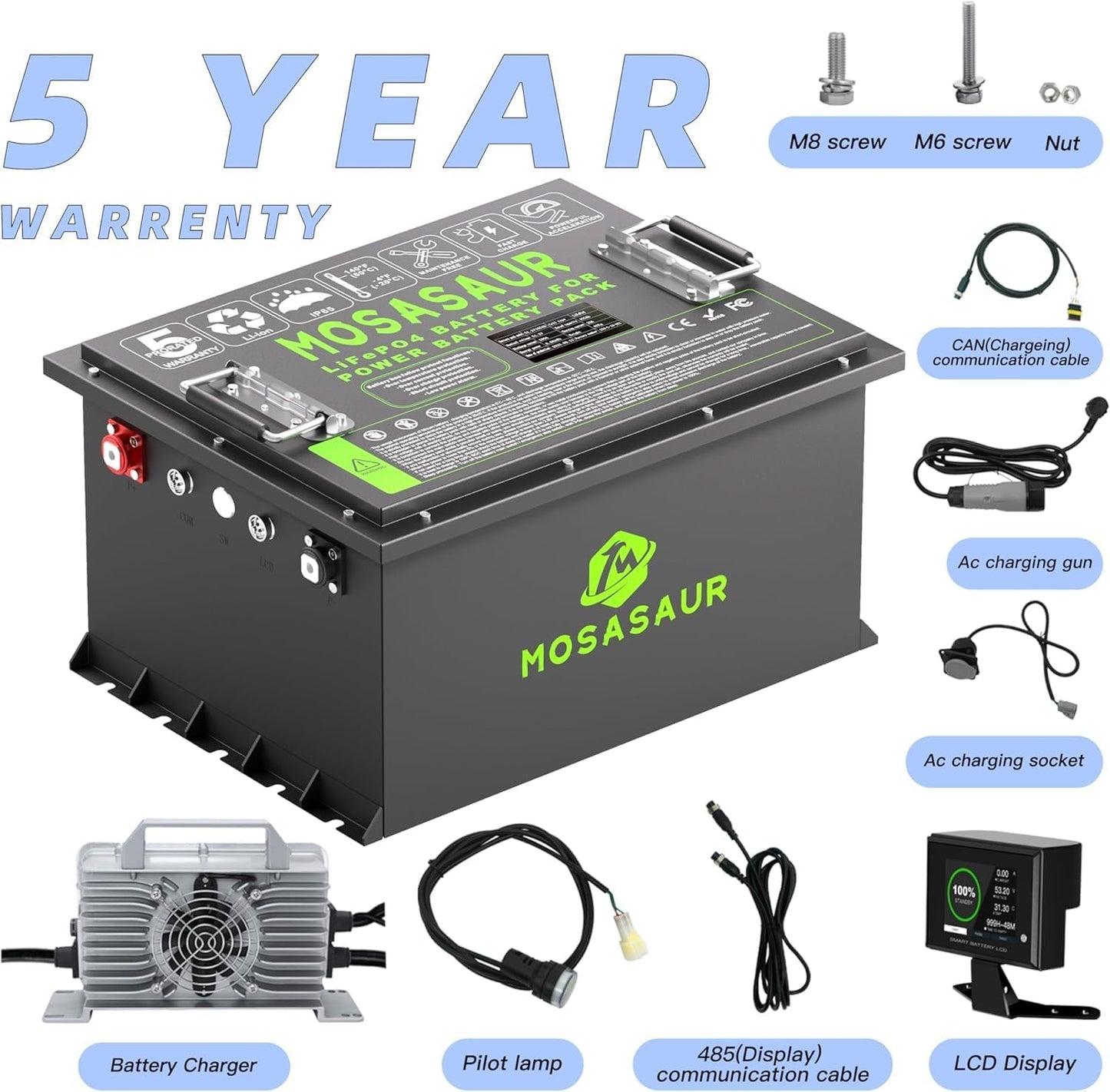 Mosasaur 36V 38.4V 105AH Bluetooth Lithium Golf Cart Battery, Built-in Smart 200A BMS with Touch Monitor and 20Amp Charger, MAX 7680W, 4000+ Cycles