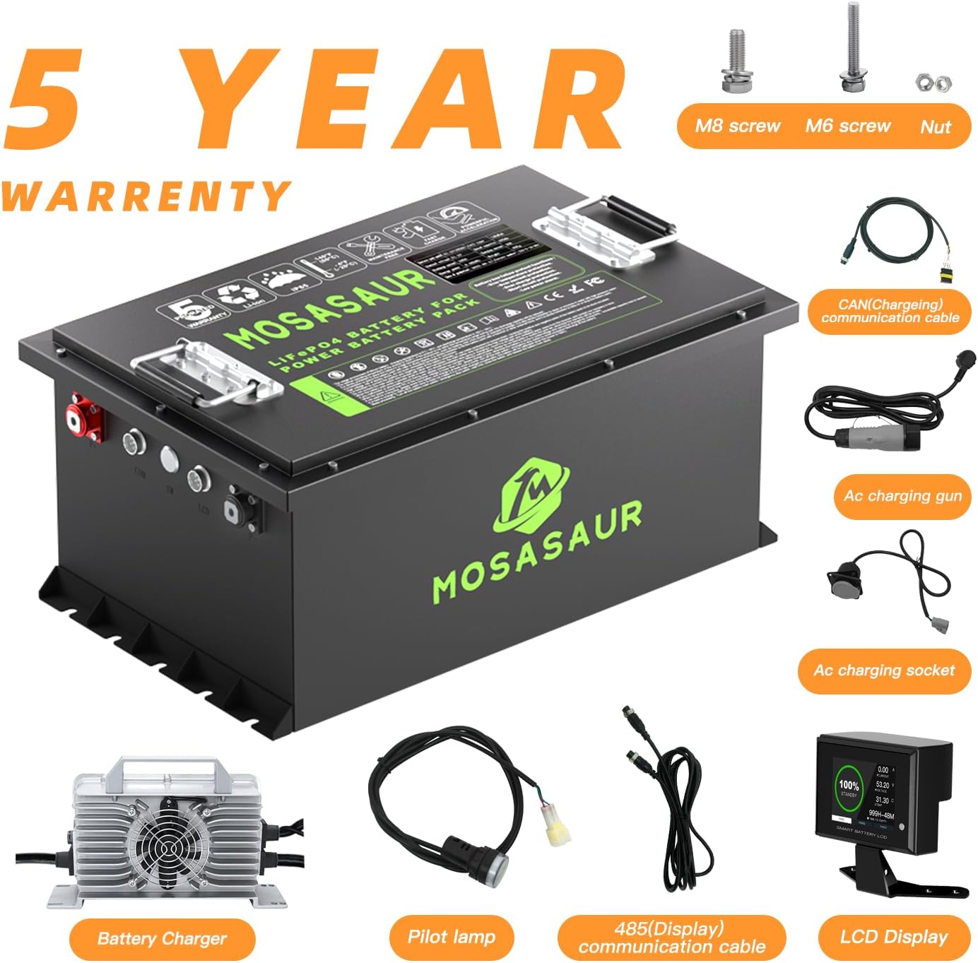 Mosasaur 48V 105Ah BMS200A Lithium Golf Cart Battery with 20A Charger, 51.2 Volt LifePo4 battery with metal casing for Max 10.24kW Power Golf Cart