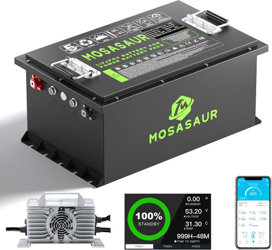 Mosasaur 48V 105Ah BMS200A Lithium Golf Cart Battery with BlueTooth Smart BMS and 20A Charger, Supports Mobile APP, 51.2 Volt LifePo4 battery with metal casing for Max 10.24kW Power Golf Cart