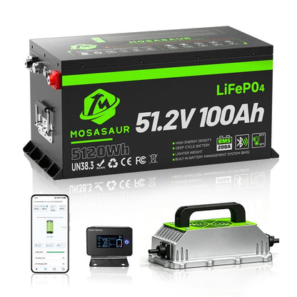 Mosasaur 51.2V 100Ah LiFePO4 Lithium ion Golf Cart Battery, Built-in 200A Smart BMS